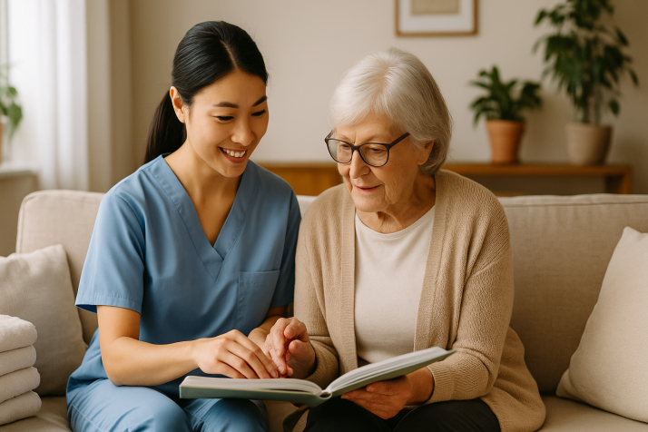 A female nurse going through a photo album with a paitent with memory problems.